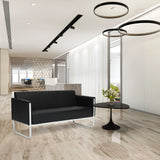 Canapé lounge ARUBA STEP noir trois places avec revêtement capitonné et structure en métal argenté de hjh OFFICE