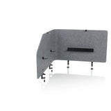 Cloison de table FLEXMIUT T TOP grise avec tablette intégrée et pinces de fixation de hjh OFFICE – vue à 360° (vue de trois quarts avant 30°)