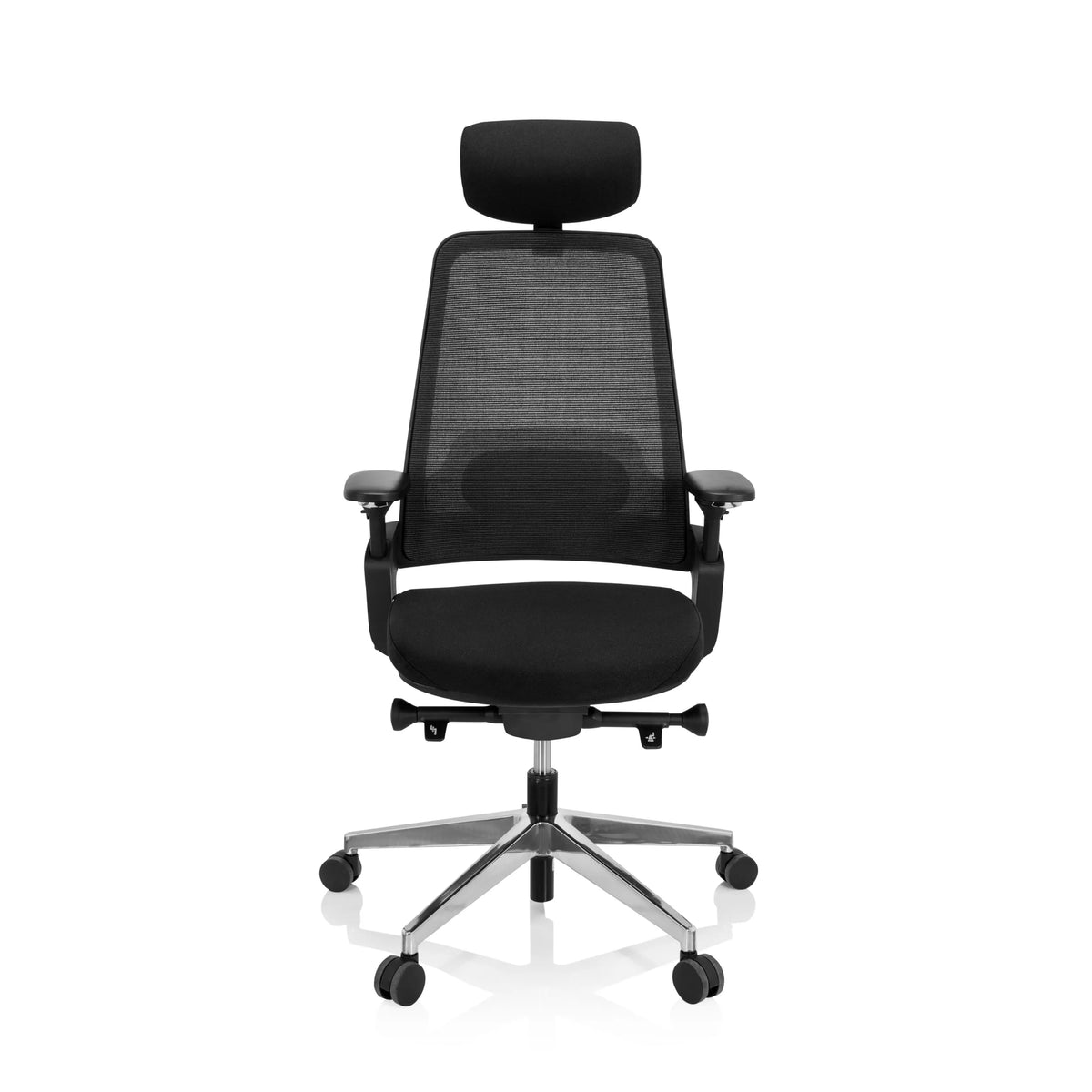 Siège de bureau de qualité professionnelle BRACIO noir, dossier maille, appui-tête et base à roulettes de hjh OFFICE – vue à 360° (vue de face 0°)