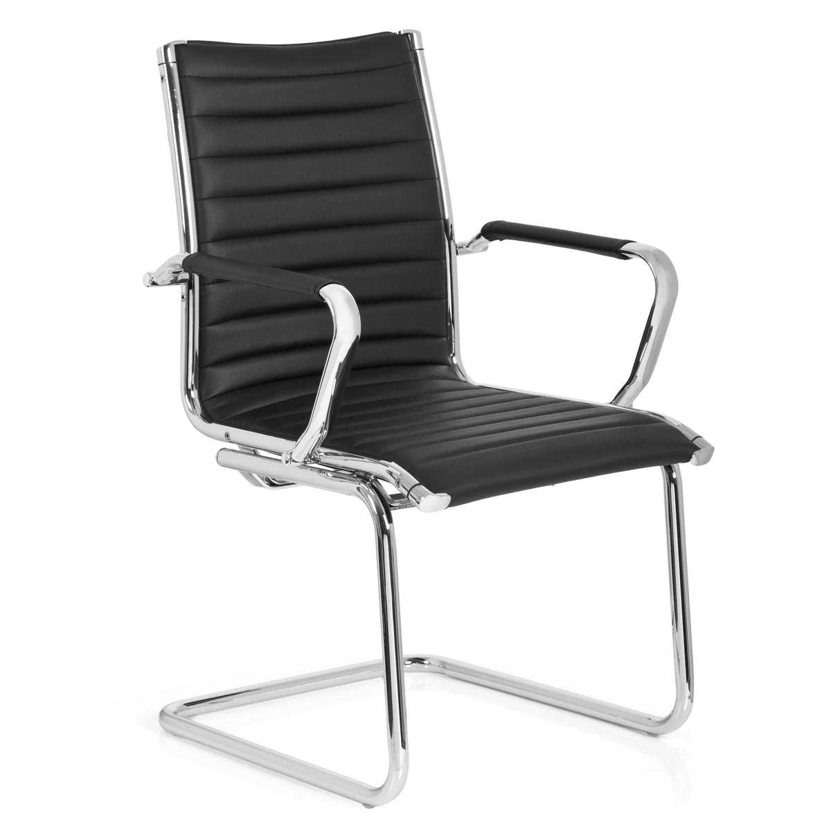 Chaises cantilever VEMONA V noires avec surpiqûres transversales et accoudoirs en chrome de hjh OFFICE – vue à 360° (vue de trois quarts avant 40°)