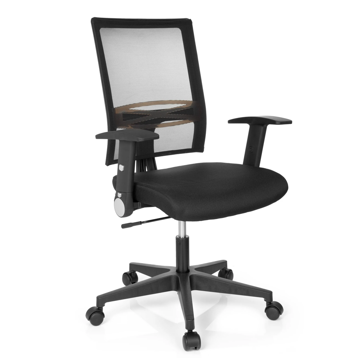 Siège de bureau à domicile OFFICE R8 noir avec dossier en maille et base à cinq roulettes de hjh OFFICE – vue à 360° (vue de trois quarts avant 40°)