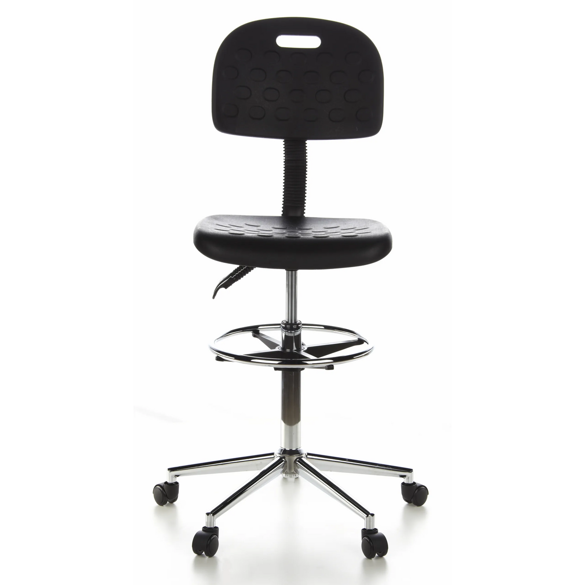 Chaise de comptoir noire TOP WORK 23 avec repose-pieds et piètement à cinq roulettes de hjh OFFICE – vue à 360° (vue de face 0°)