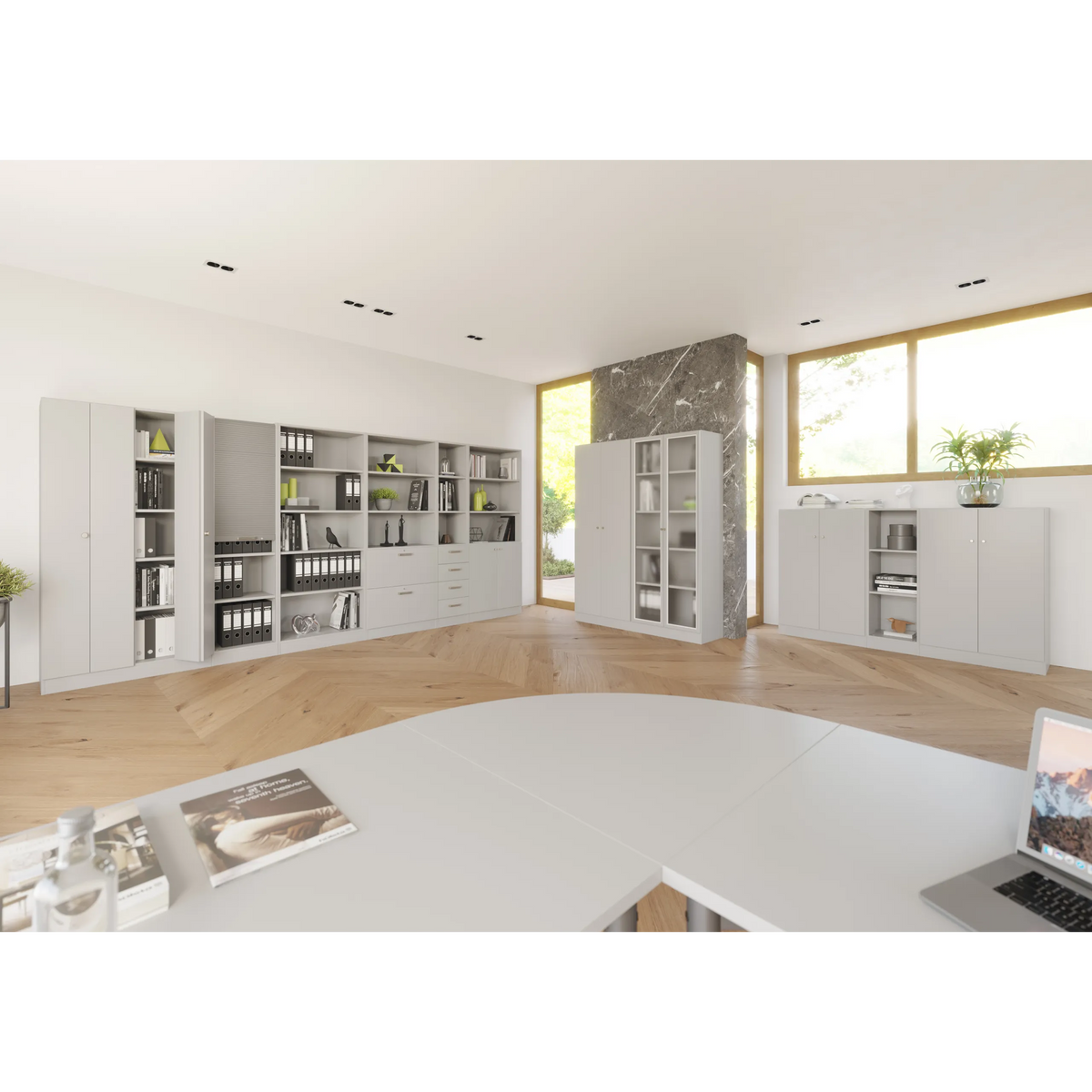 Regalsystem der Serie SIGNA B SIGNA B 6000 in Grau mit verschiedenen Schrank- und Regalelementen von hjh OFFICE PRO