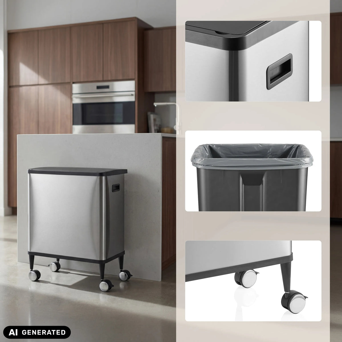 Poubelle Clean Mobile en argent avec roulettes et seau intérieur amovible de hjh OFFICE (image générée par IA)
