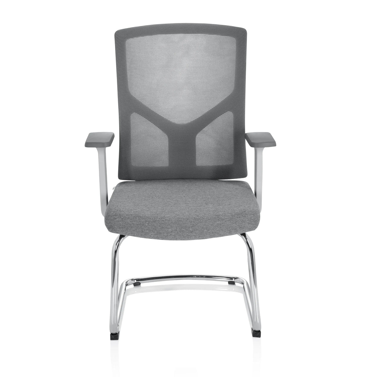 Chaises cantilever BRETON V W grise avec dossier en maille et accoudoirs de hjh OFFICE – vue à 360° (vue de face 0°)