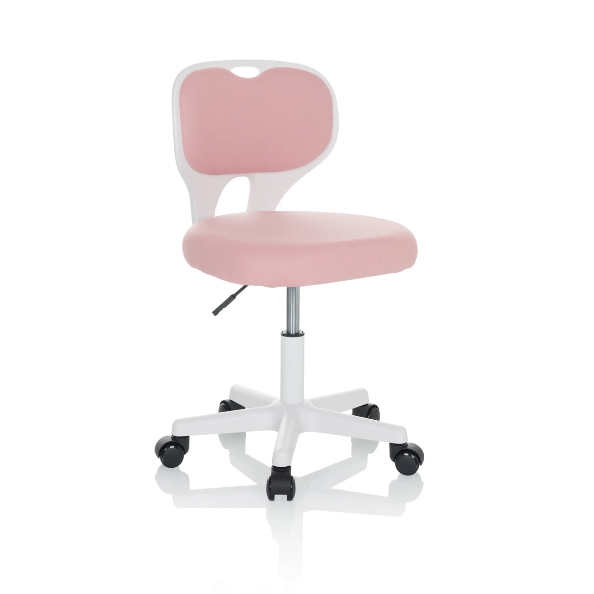 Chaise pivotante pour des enfants KIDDY TOP W rose avec structure blanche et base à cinq roulettes de hjh OFFICE – vue à 360° (vue de trois quarts avant 30°)