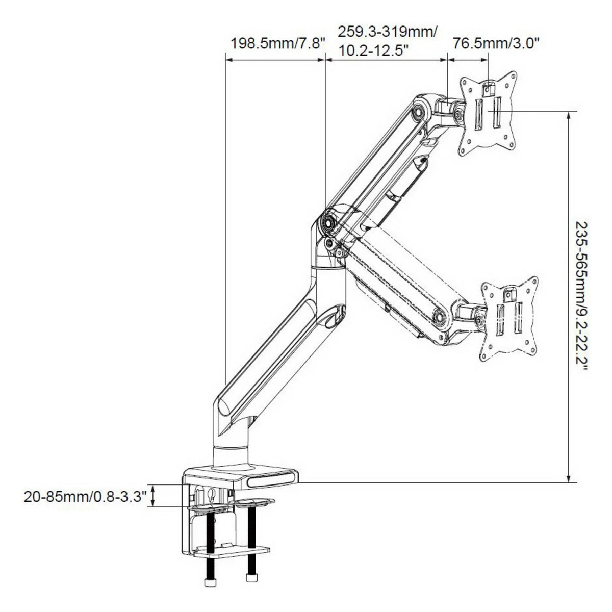 Dessin technique de la Fixation pour écran VM-MG1S avec une hauteur maximale de 565 mm de hjh OFFICE