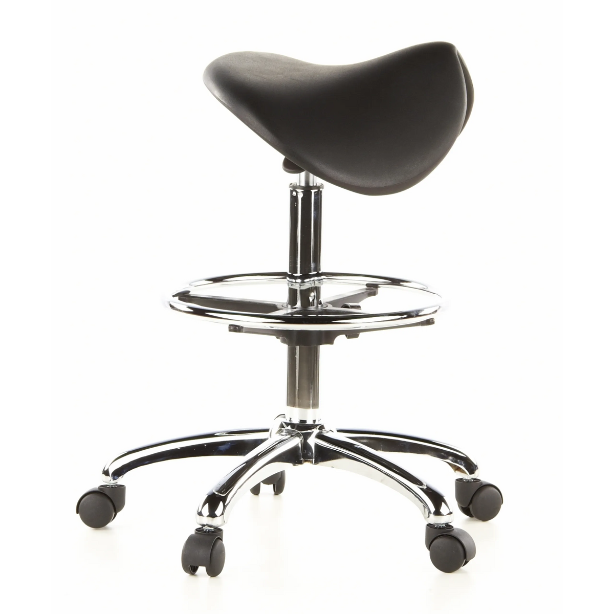 Tabouret de selle TOP WORK 13 noir avec repose-pieds et base à cinq roulettes de hjh OFFICE – vue à 360° (vue de profil 80°)