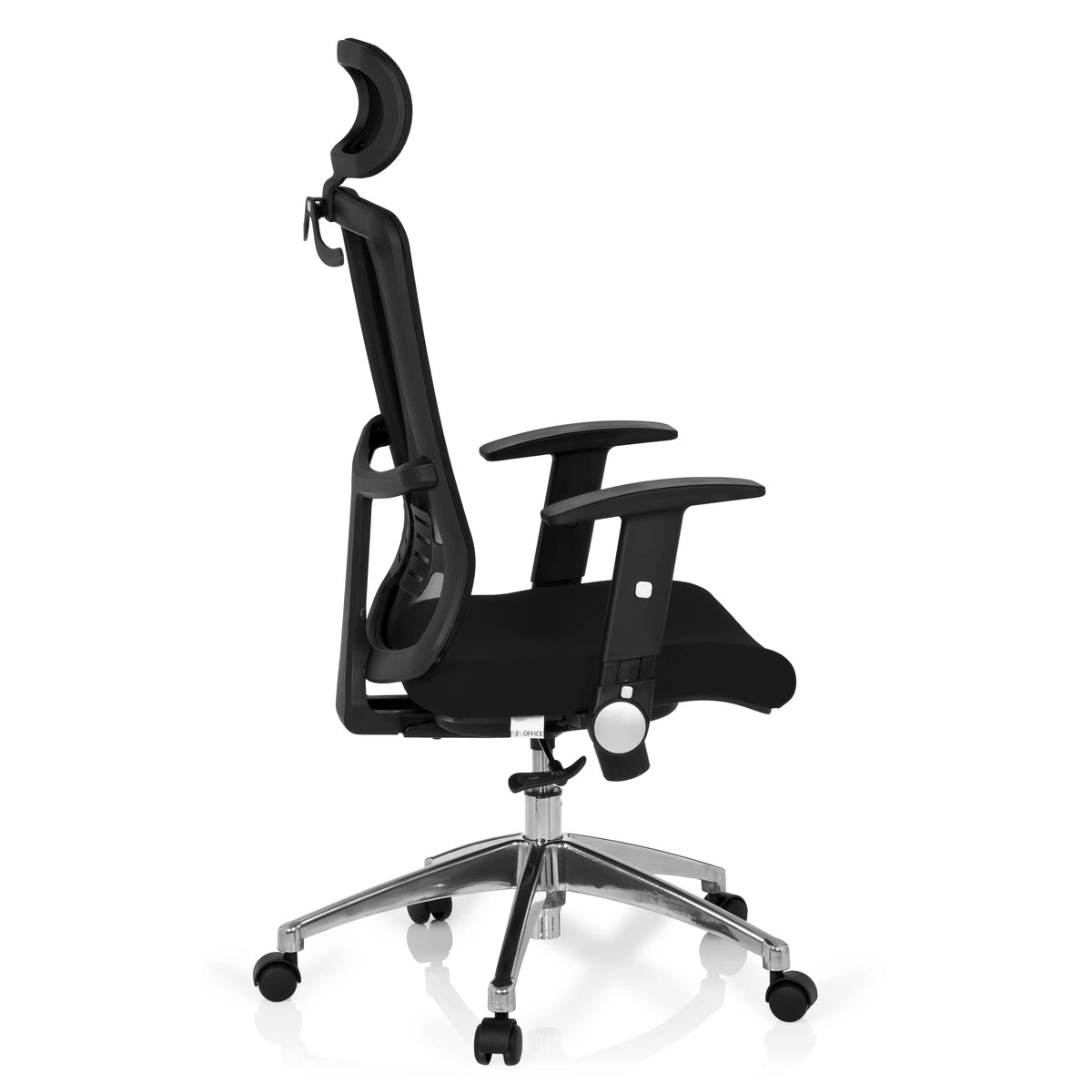 Siège de bureau de qualité professionnelle CAYEN noir, dossier mesh, appuie-tête et base à 5 roulettes de hjh OFFICE – vue à 360° (vue de profil 100°)