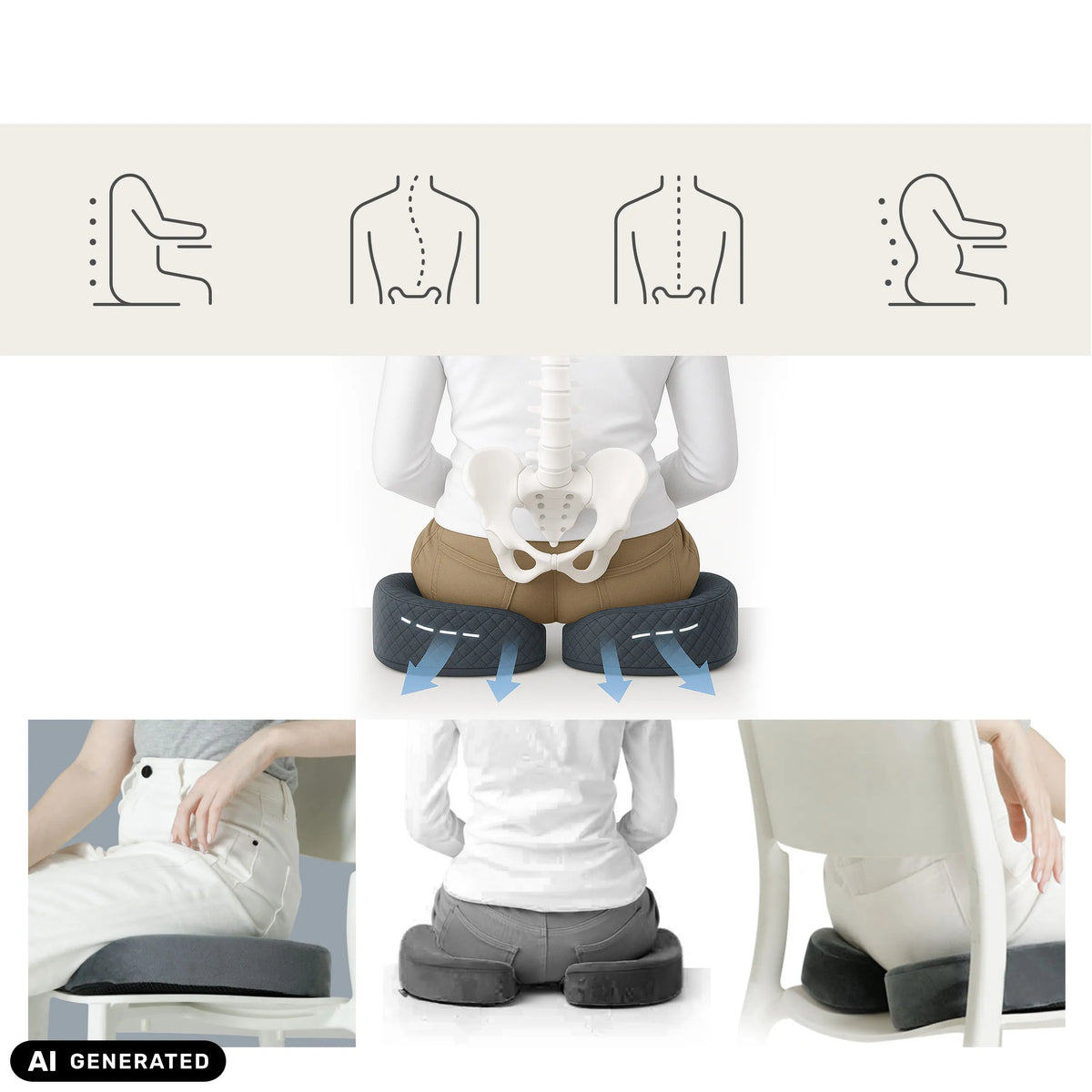 Coussin de siège MEDISIT VIII gris sous différentes vues et situations d'utilisation de hjh OFFICE (image générée par IA)