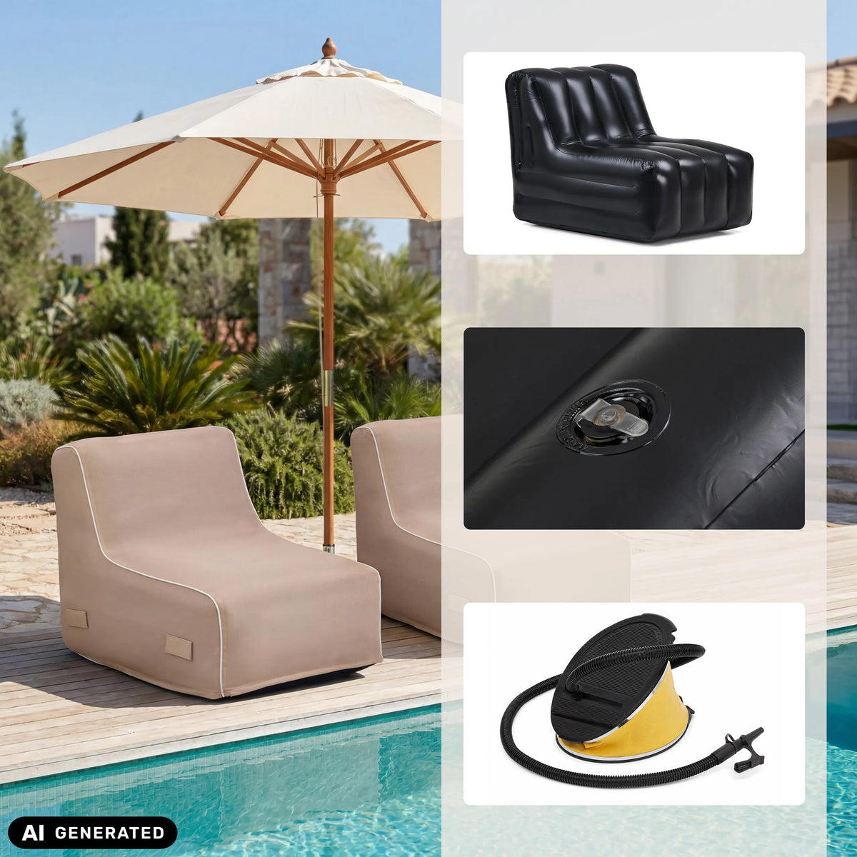 Canapés gonflables Sitzolo Air en beige et noir avec pompe à air et valve de hjh LIVING (image générée par IA)
