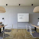 Tableau blanc MULTIBOARD I en blanc et argent sur un support à roulettes dans un bureau moderne de hjh OFFICE