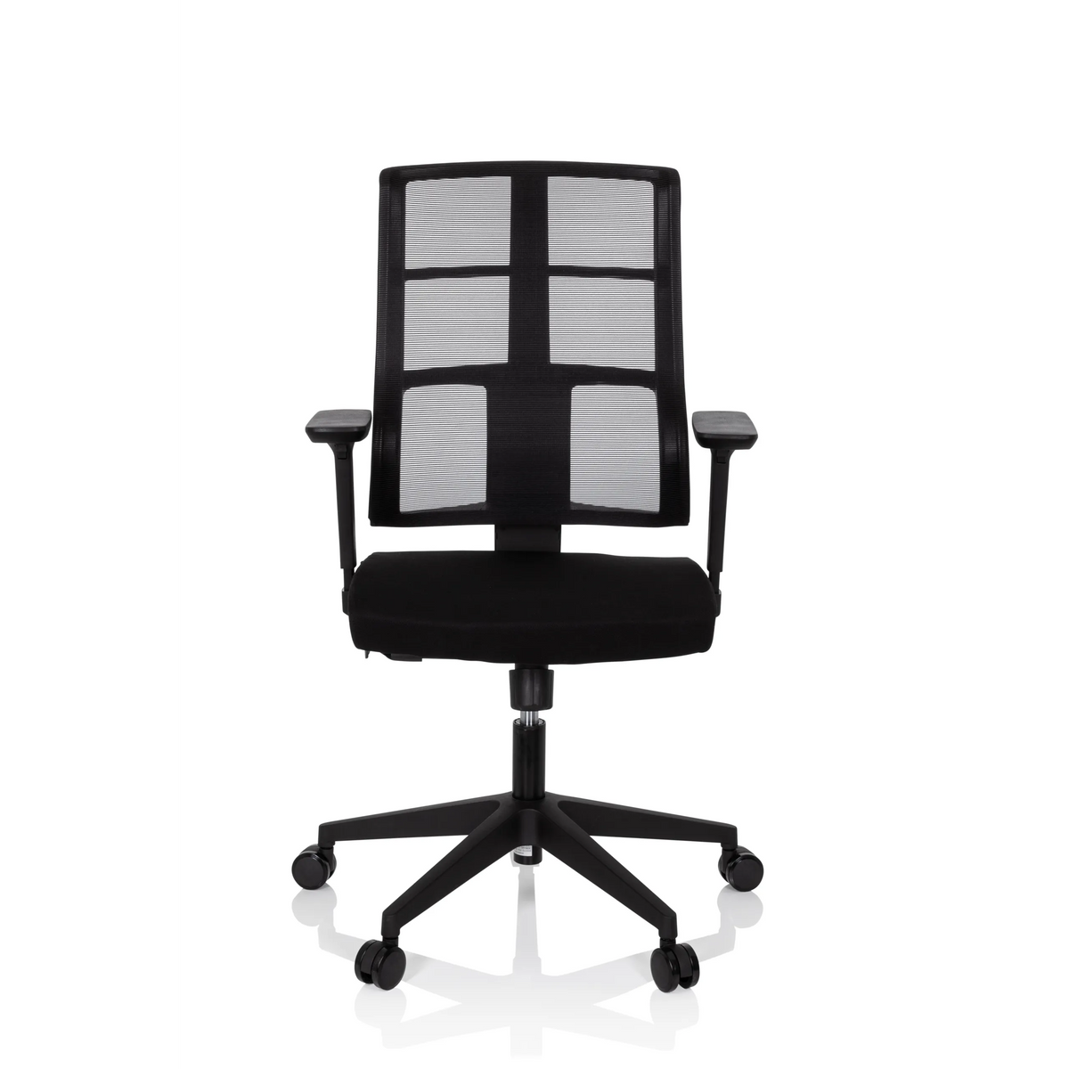 Siège de bureau de qualité professionnelle SPINIO noir avec dossier en maille et piètement à cinq roulettes de hjh OFFICE – vue à 360° (vue de face 0°)