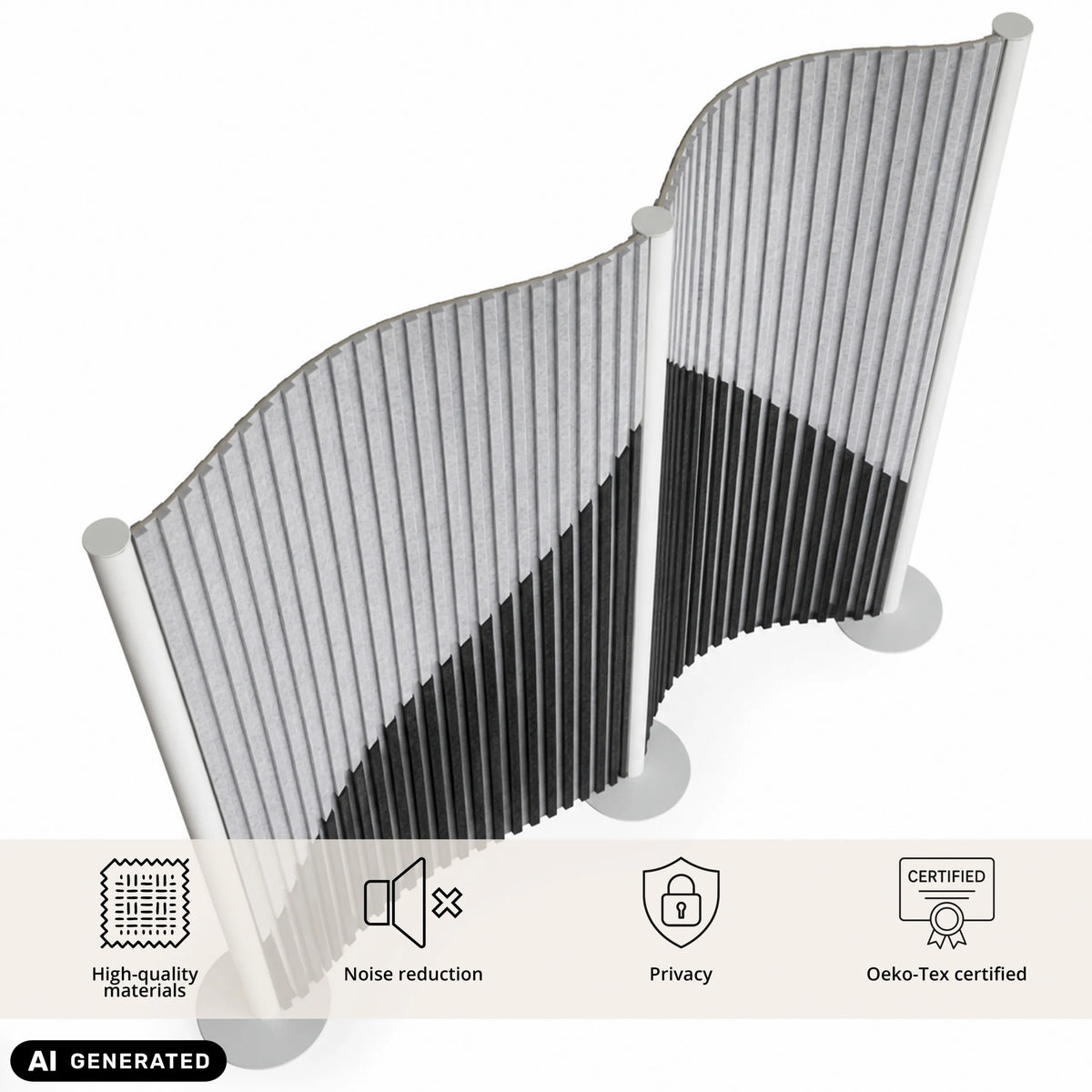 Cloison de séparation visuelle et acoustique grise Flexmiut Wave au design ondulé de hjh OFFICE (image générée par IA)