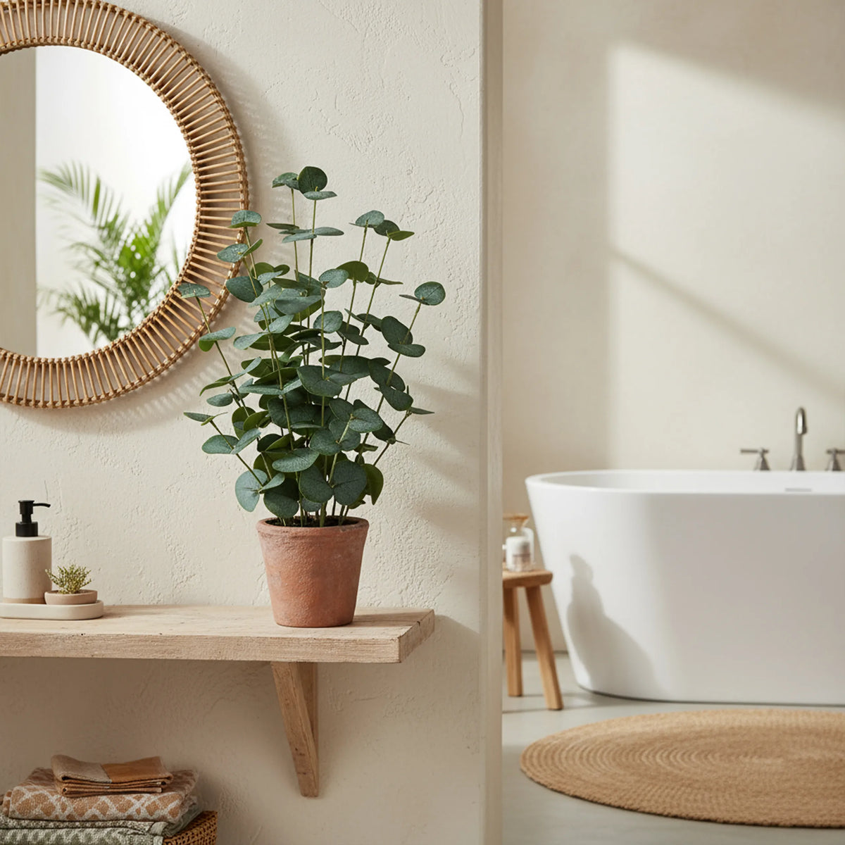 Plante artificielle verte Eucalyptus dans un pot couleur terracotta sur une étagère en bois de hjh OFFICE