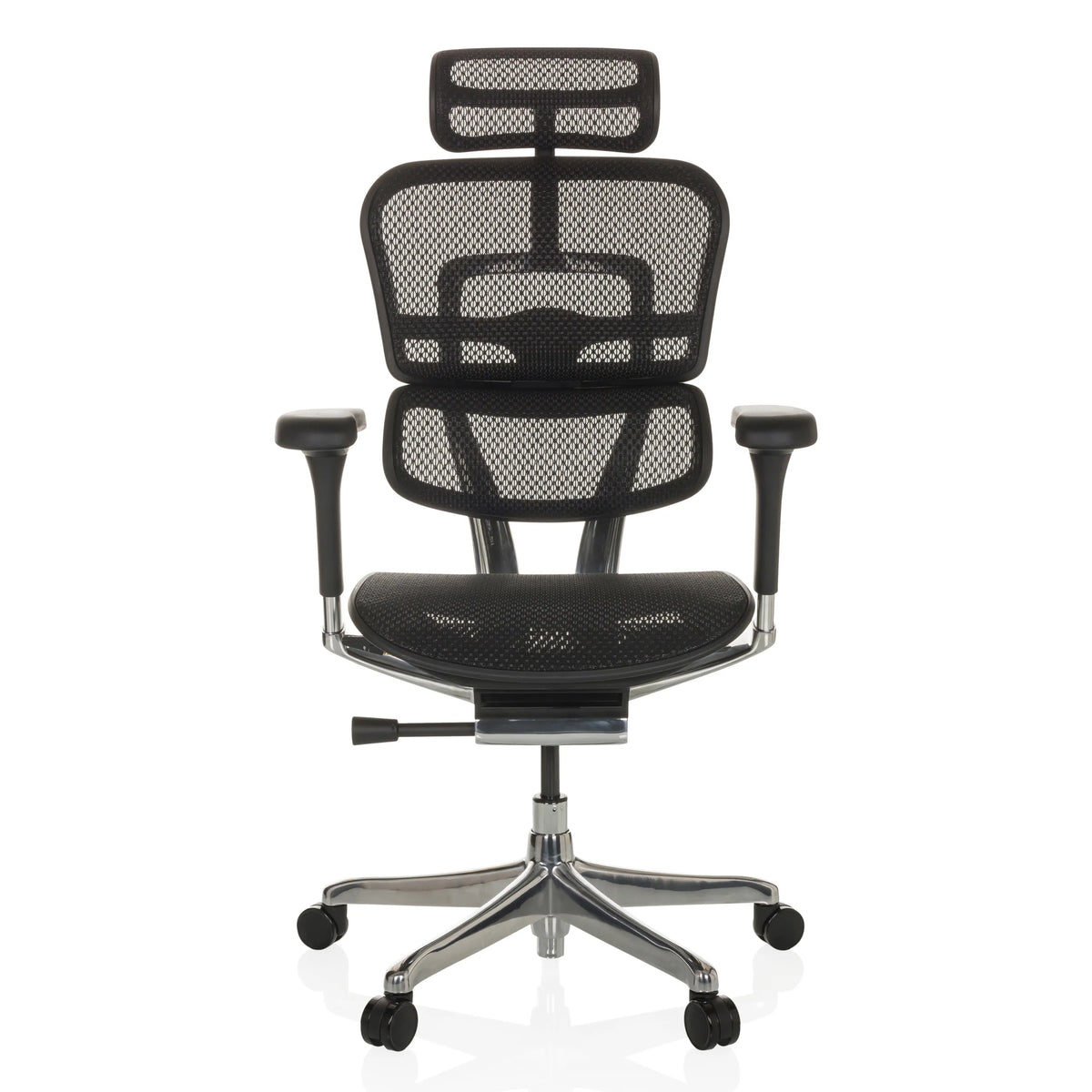 Siège de direction de luxe ERGOHUMAN GEN2 noir avec dossier en maille, appui-tête et base à cinq roulettes de hjh OFFICE – vue à 360° (vue de face 0°)