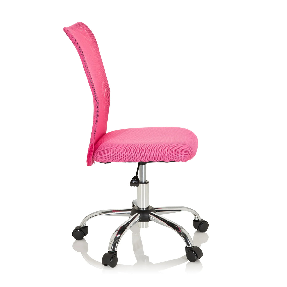 Chaise pivotante pour des enfants KIDDY NET I rose avec dossier en maille et base à cinq roulettes de hjh OFFICE – vue à 360° (vue de profil 80°)