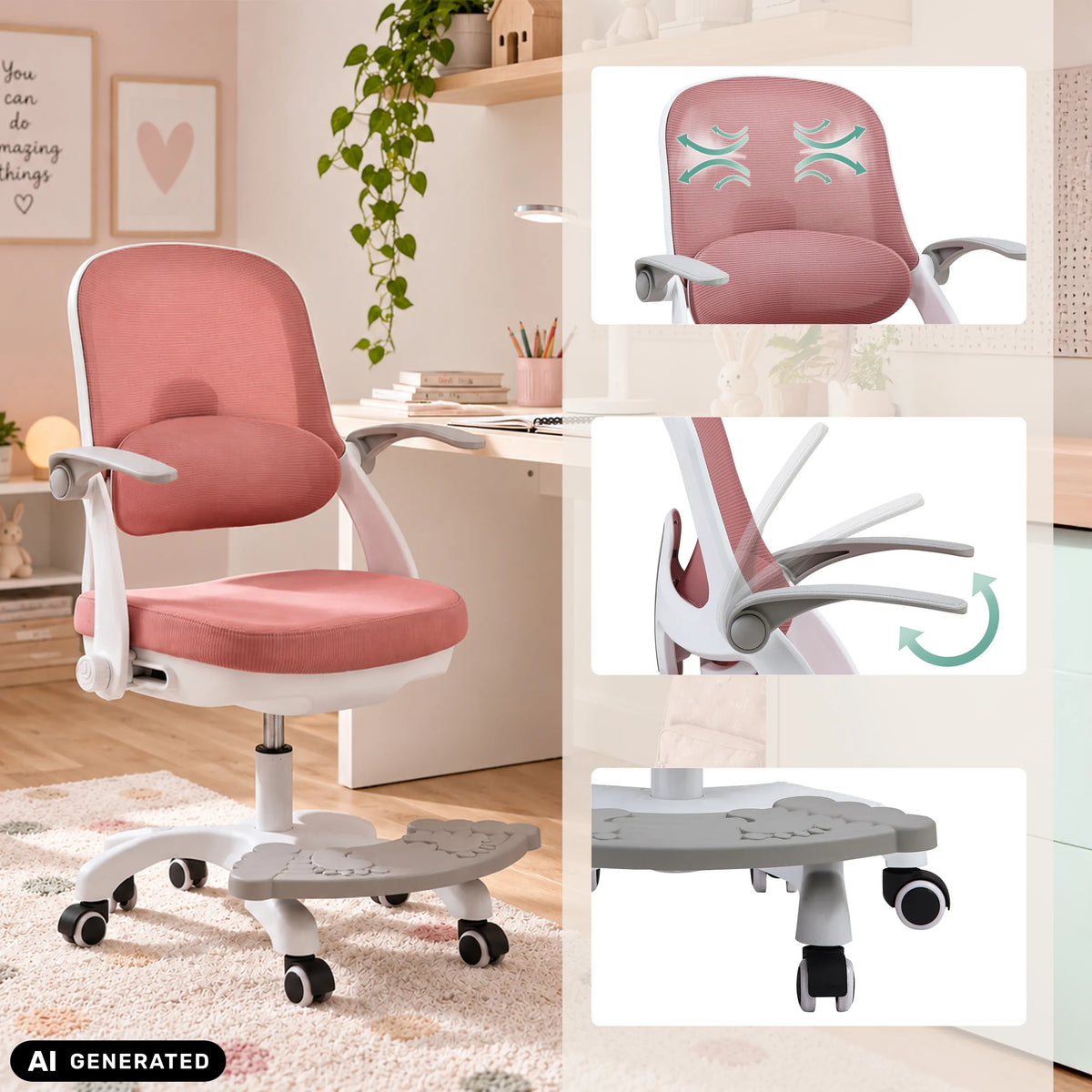 Chaise pivotante pour enfants Kiddy Smart Step rose avec repose-pieds et accoudoirs réglables de hjh OFFICE (image générée par IA)