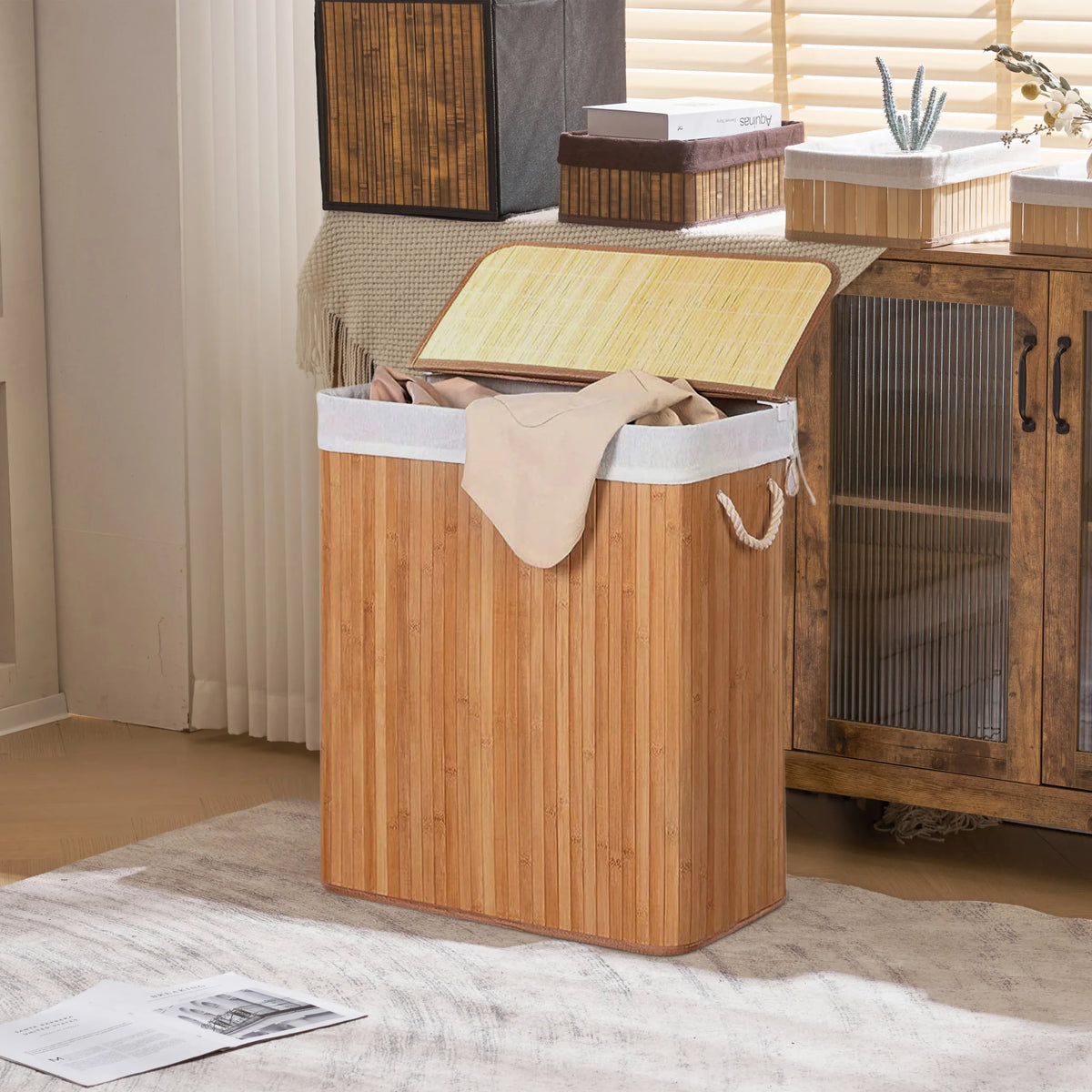 Panier à linge marron FALSTER XL B avec couvercle en bambou et poignées intégrées de hjh LIVING