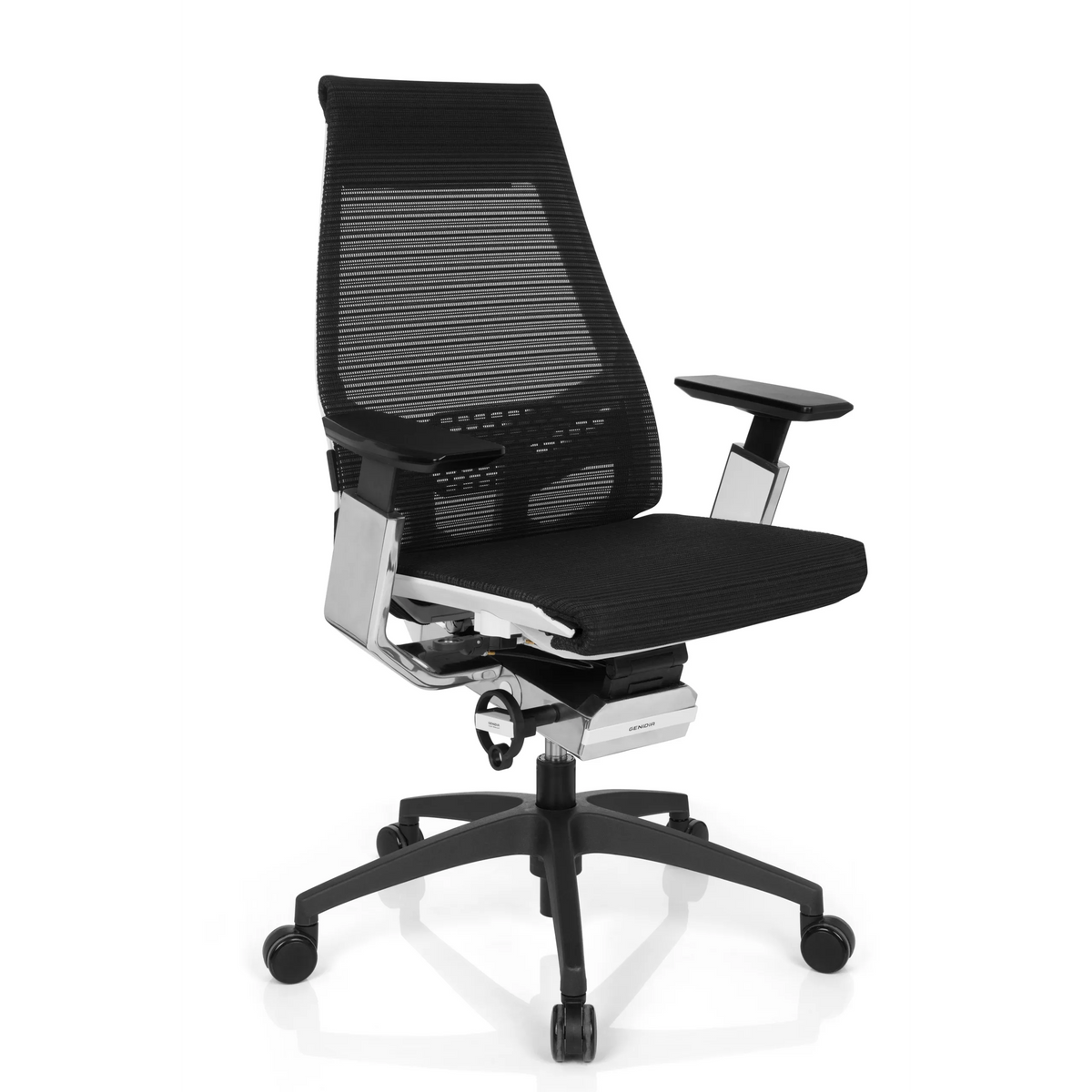 Siège de bureau professionnel GENIDIA SMART WHITE CM noir, dossier maille et base à 5 roulettes de hjh OFFICE – vue à 360° (vue de trois quarts avant 40°)