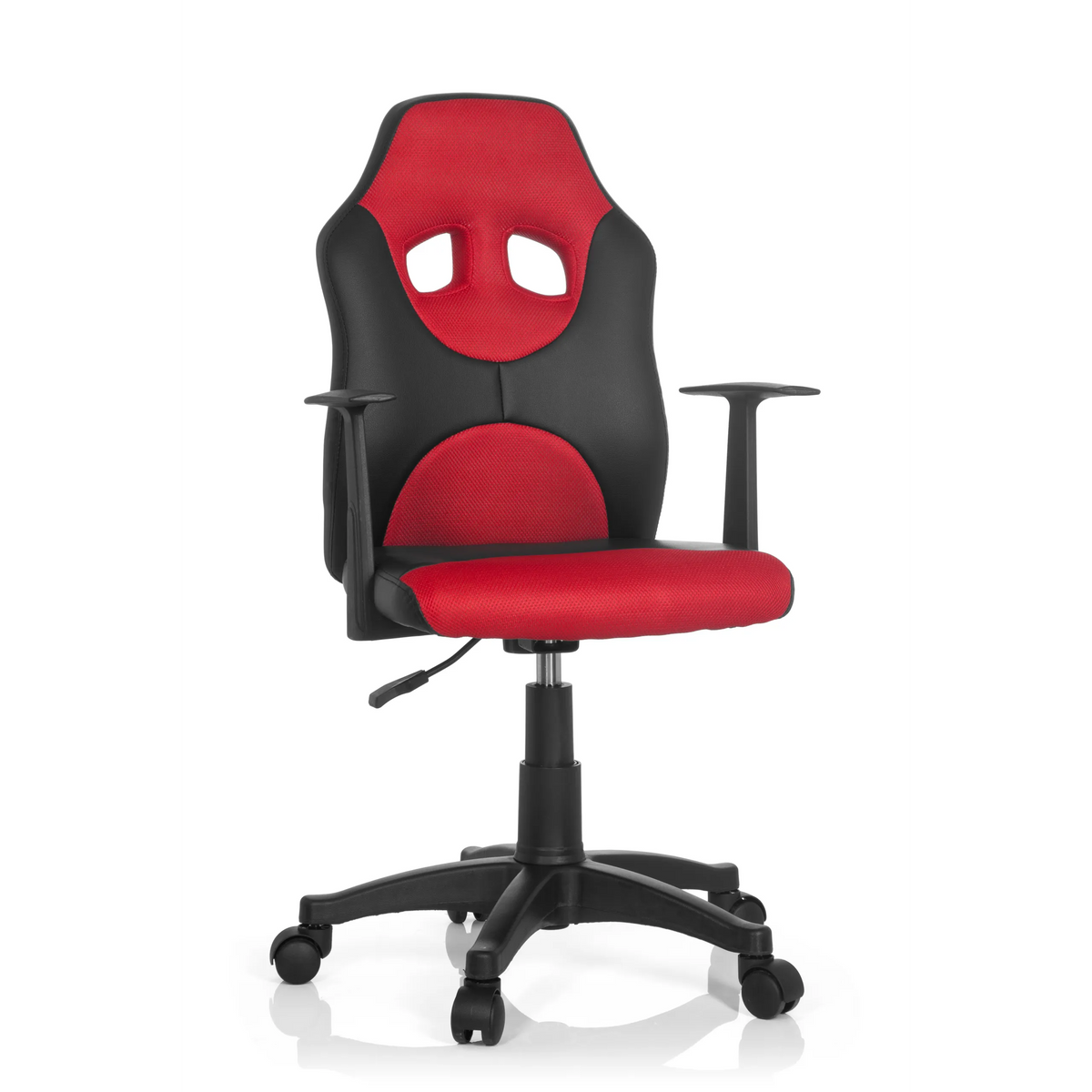 Chaise pivotante pour des enfants KID GAME AL noir et rouge avec revêtement en maille et base à cinq roulettes de hjh OFFICE – vue à 360° (vue de face 20°)