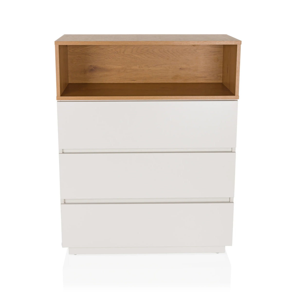 Commode blanche MELMO K avec trois tiroirs et un compartiment de rangement ouvert effet chêne de hjh LIVING – vue à 360° (vue de face 0°)