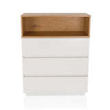 Commode blanche MELMO K avec trois tiroirs et un compartiment de rangement ouvert effet chêne de hjh LIVING – vue à 360° (vue de face 0°)