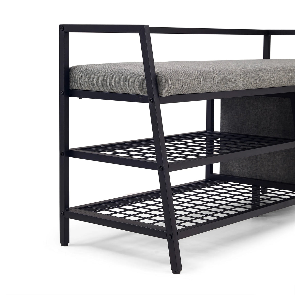 Étagères grillagées et surface d'assise grise de l'armoire à chaussures Estha Loft en noir de hjh LIVING