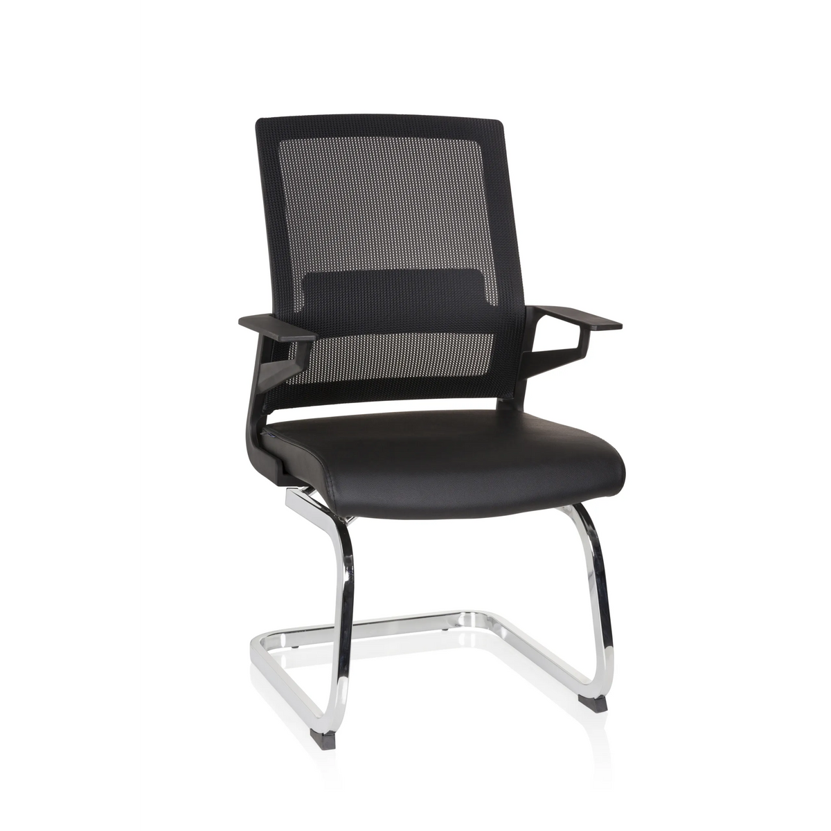 Chaises cantilever INVENTOR V PRO noires avec dossier en maille, accoudoirs et piètement luge de hjh OFFICE – vue à 360° (vue de face 20°)