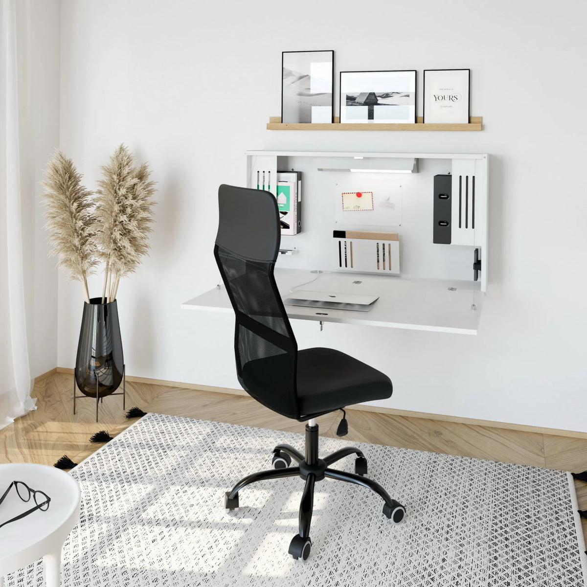 Bureau mural blanc WOVA sous forme de secrétaire avec rehausse intégrée et rangements de hjh OFFICE PRO