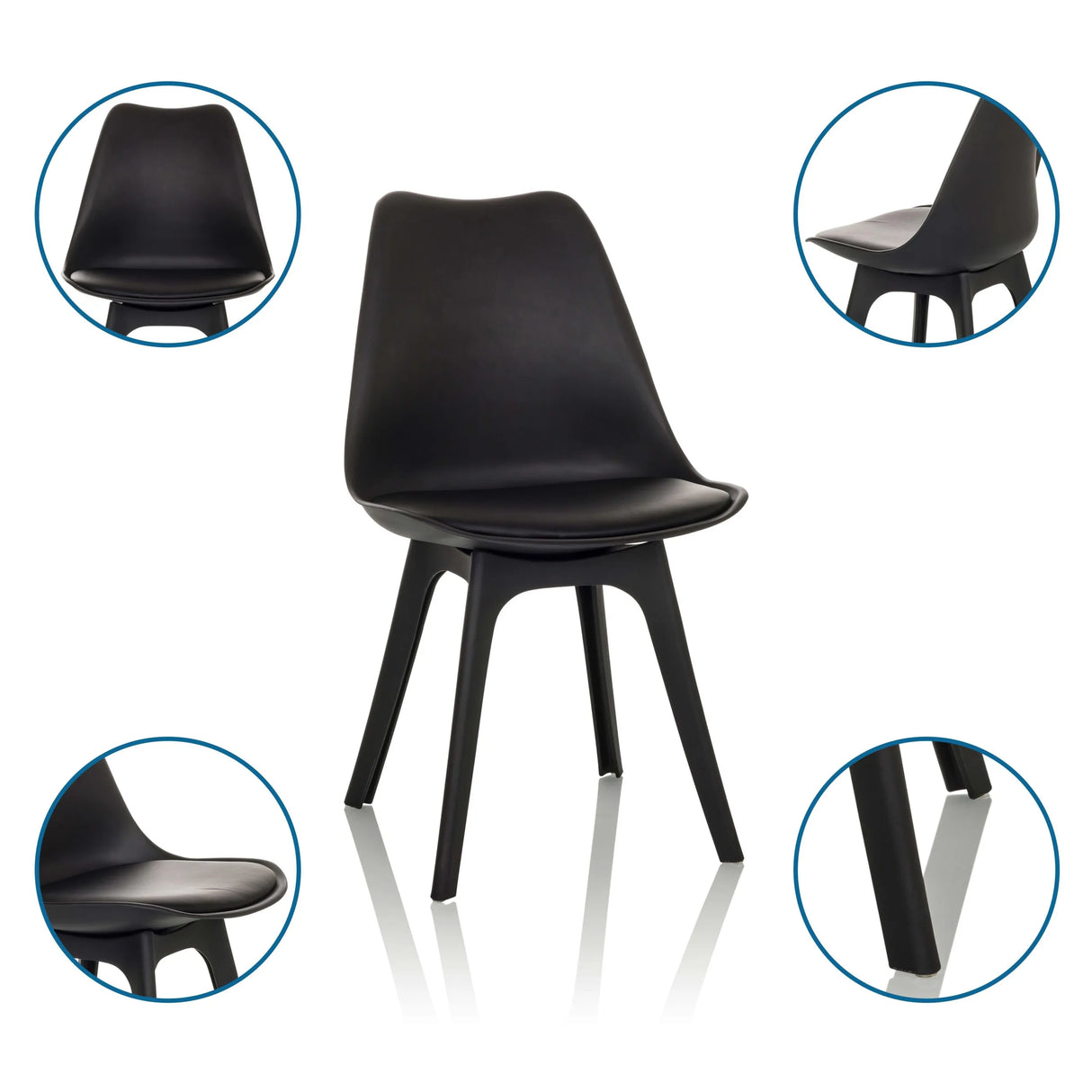 Chaise à coque SCANDI P en noir avec quatre pieds sous différents angles de hjh OFFICE