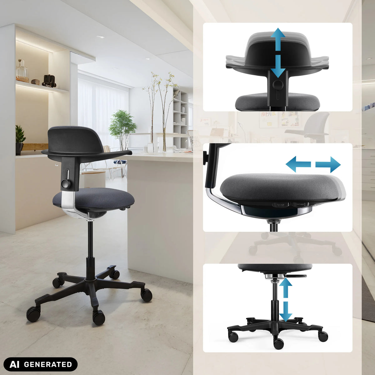 Dossier, assise et vérin à gaz réglables en hauteur de la chaise de travail WORK 40 de hjh OFFICE (image générée par IA)