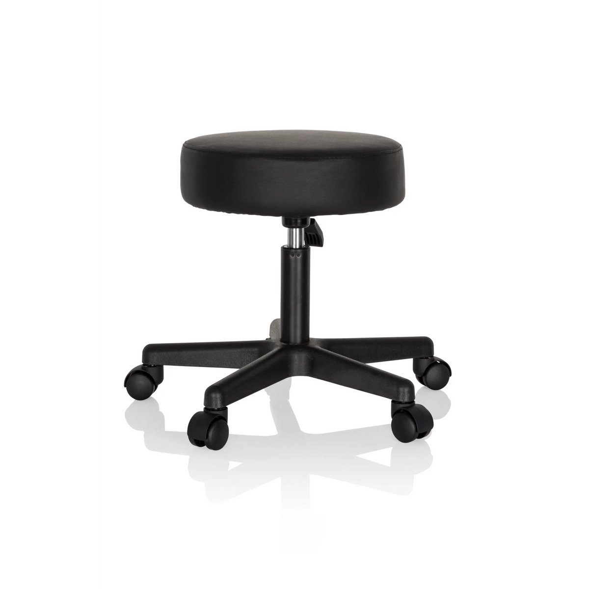 Tabouret pivotant noir OPERATOR I avec assise rembourrée et piètement à cinq roulettes de hjh OFFICE – vue à 360° (vue de profil 80°)