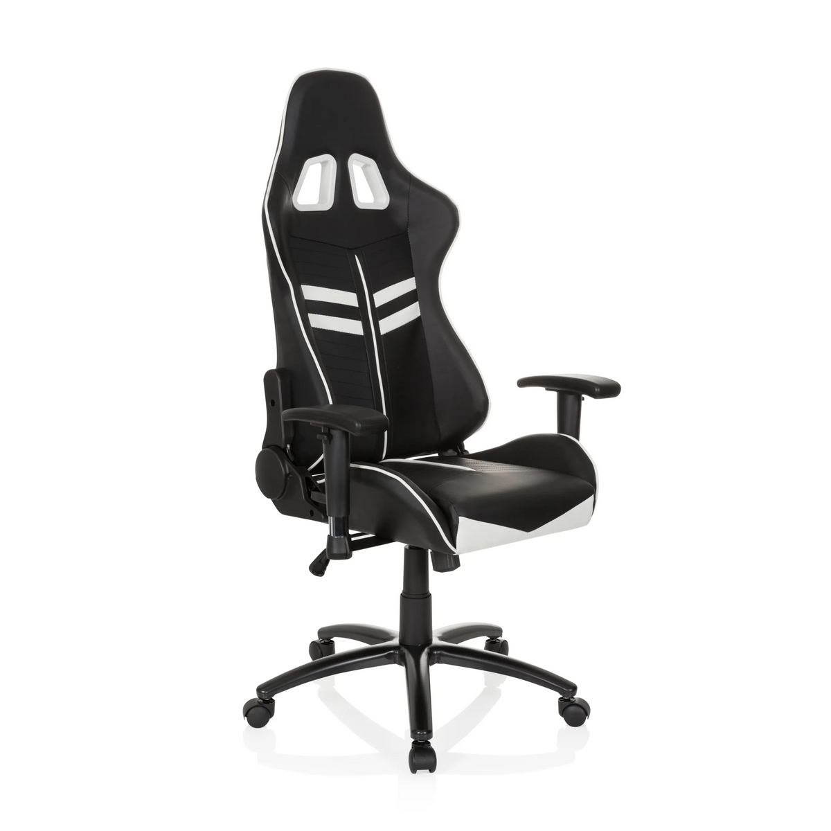Fauteuil Gamer LEAGUE PRO noir et blanc avec appui-tête et base à cinq roulettes de hjh OFFICE – vue à 360° (vue de trois quarts avant 40°)