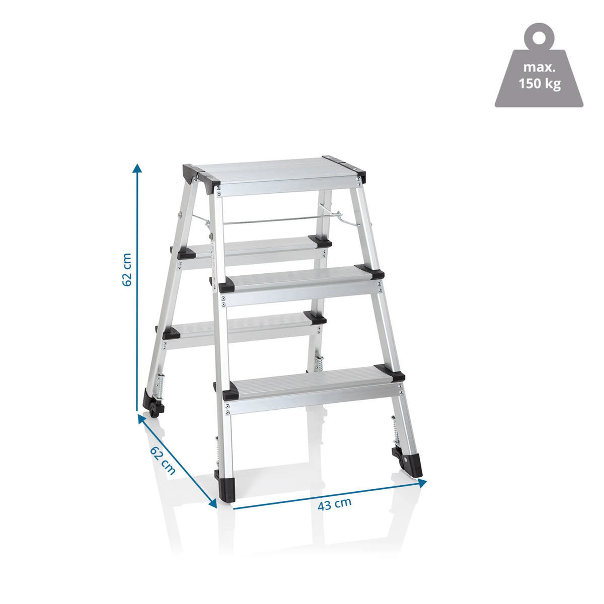 Vue dimensionnelle de l'Échelle pliante SOLID IV avec une hauteur de 62 cm et une largeur de 43 cm de hjh OFFICE