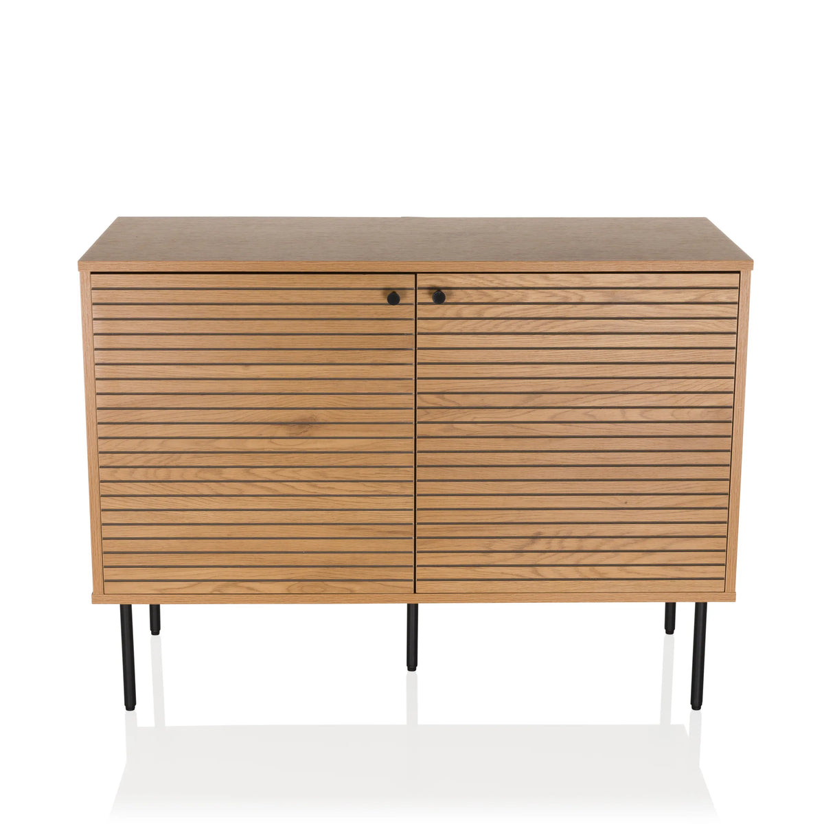 Buffet LINNO S en chêne avec façades cannelées et pieds en métal noir de hjh LIVING – vue à 360° (vue de face 0°)