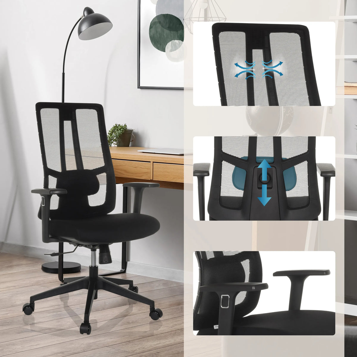 Siège de bureau de qualité professionnelle TRAMORE BASE rembourré noir avec dossier en maille et support lombaire réglable de hjh OFFICE