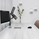 Fixation pour écran noire VM-MH2 avec un écran et un ordinateur portable sur un bureau blanc de hjh OFFICE