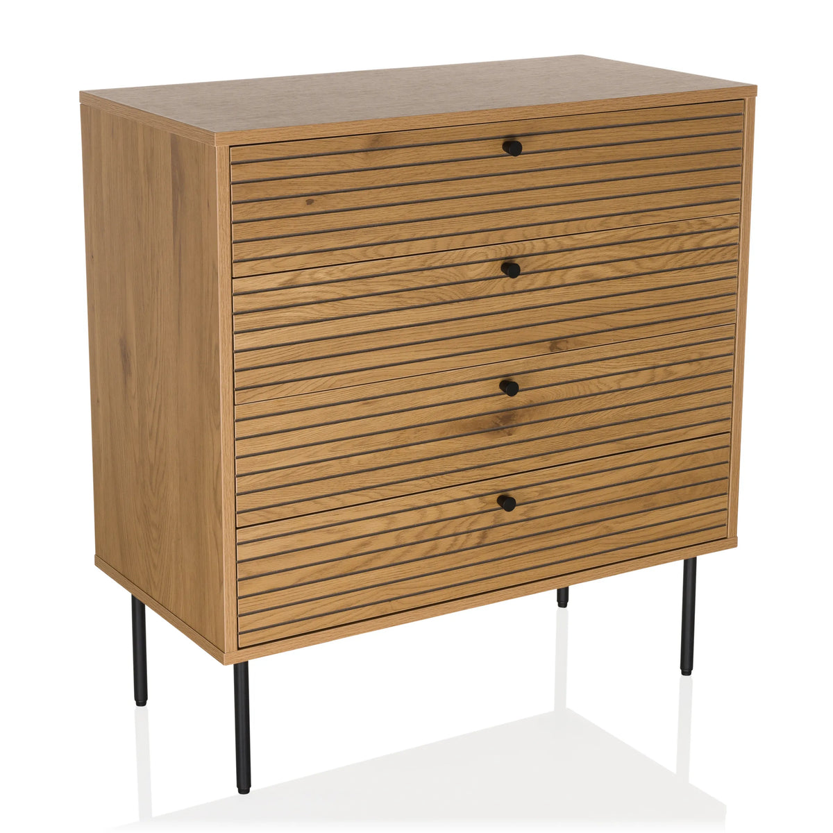 Commode LINNO K couleur chêne avec façades rainurées et quatre pieds noirs de hjh LIVING – vue à 360° (vue de face 15°)