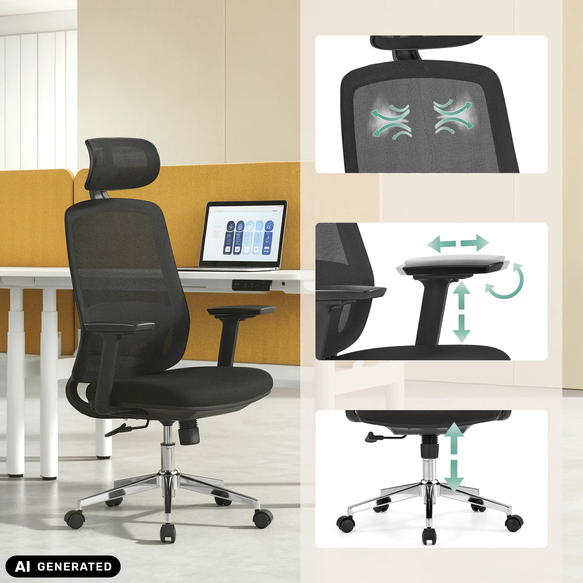 Siège de bureau de qualité professionnelle Ergosento en noir avec appui-tête et accoudoirs réglables de hjh OFFICE (image générée par IA)