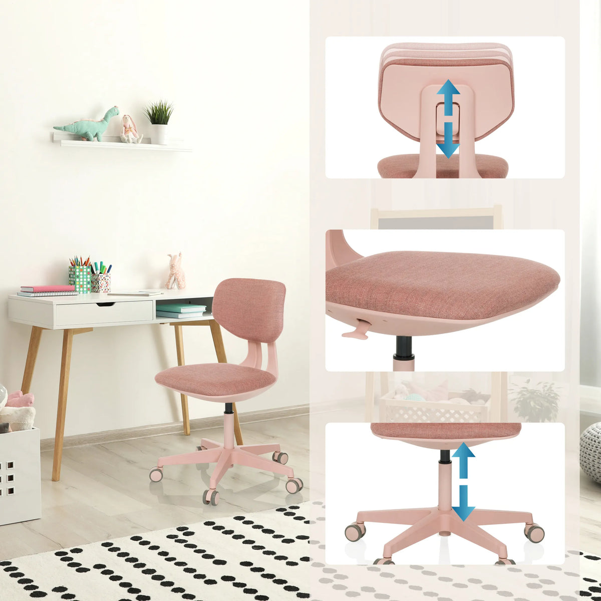 Dossier et assise réglables en hauteur de la Chaise pivotante pour des enfants KID COLORE en rose de hjh OFFICE