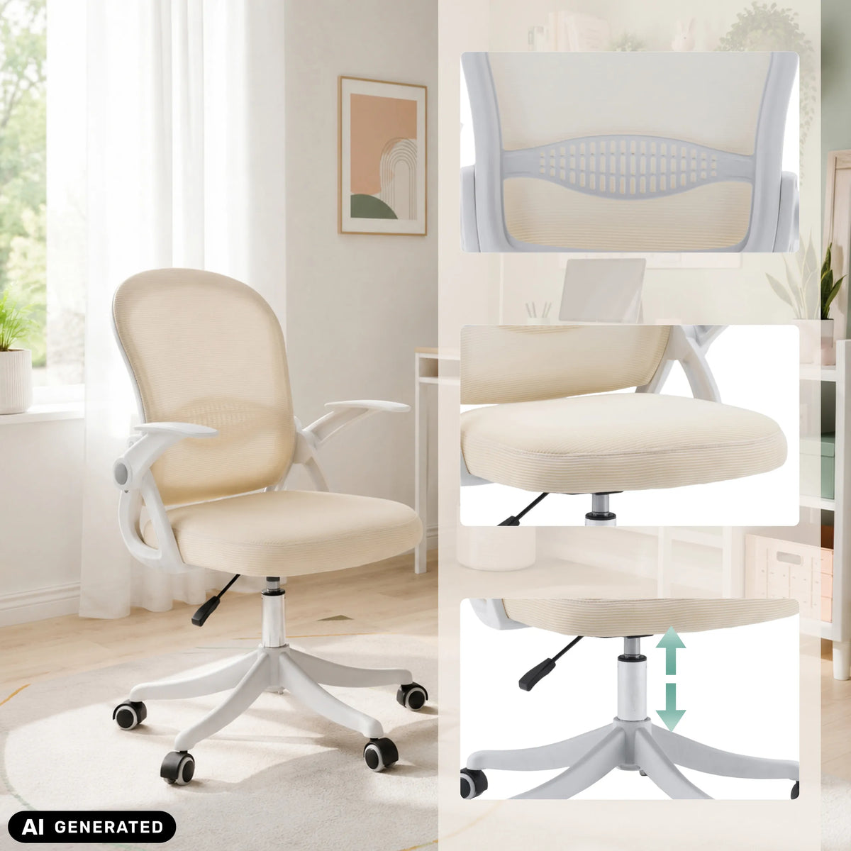 Siège de bureau à domicile Naluro beige avec détail du dossier et réglage de la hauteur de hjh OFFICE (image générée par IA)