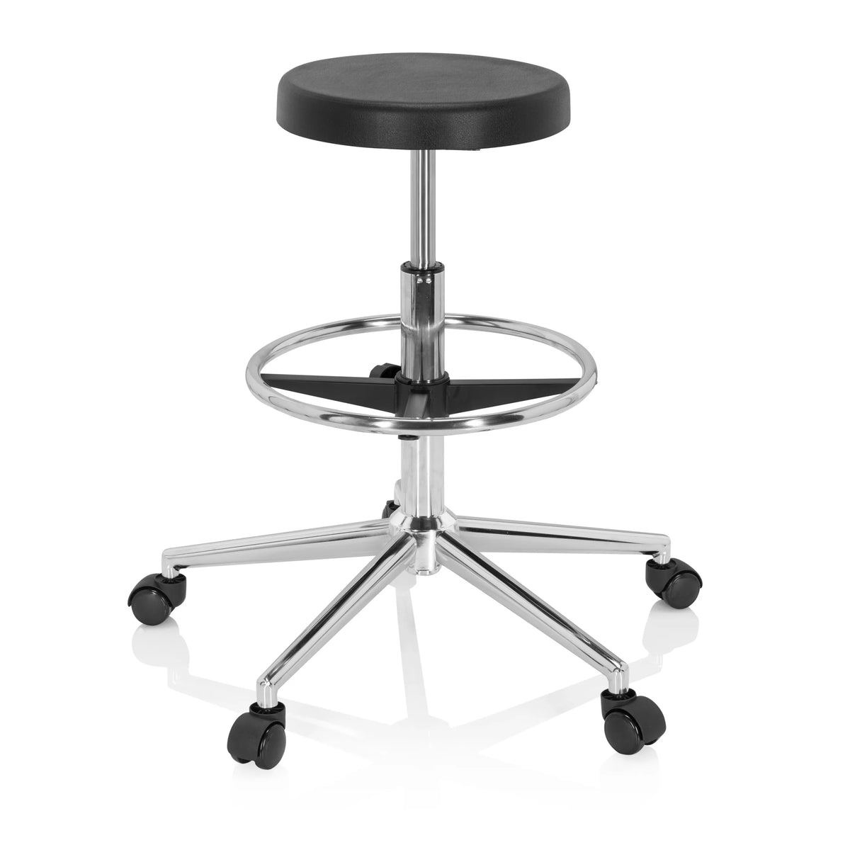 Tabouret pivotant noir TOP WORK 14 I avec repose-pieds et base à cinq roulettes de hjh OFFICE – vue à 360° (vue de trois quarts avant 40°)
