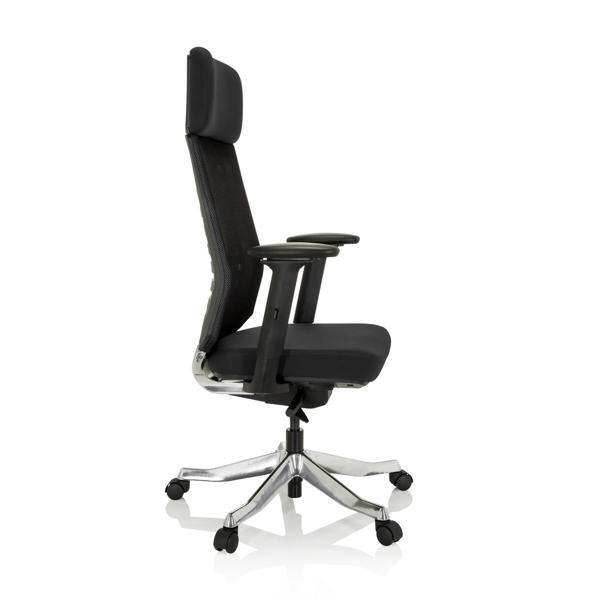 Siège de bureau de qualité professionnelle ASGON noir avec dossier en maille et piètement à cinq roulettes de hjh OFFICE – vue à 360° (vue de profil 80°)