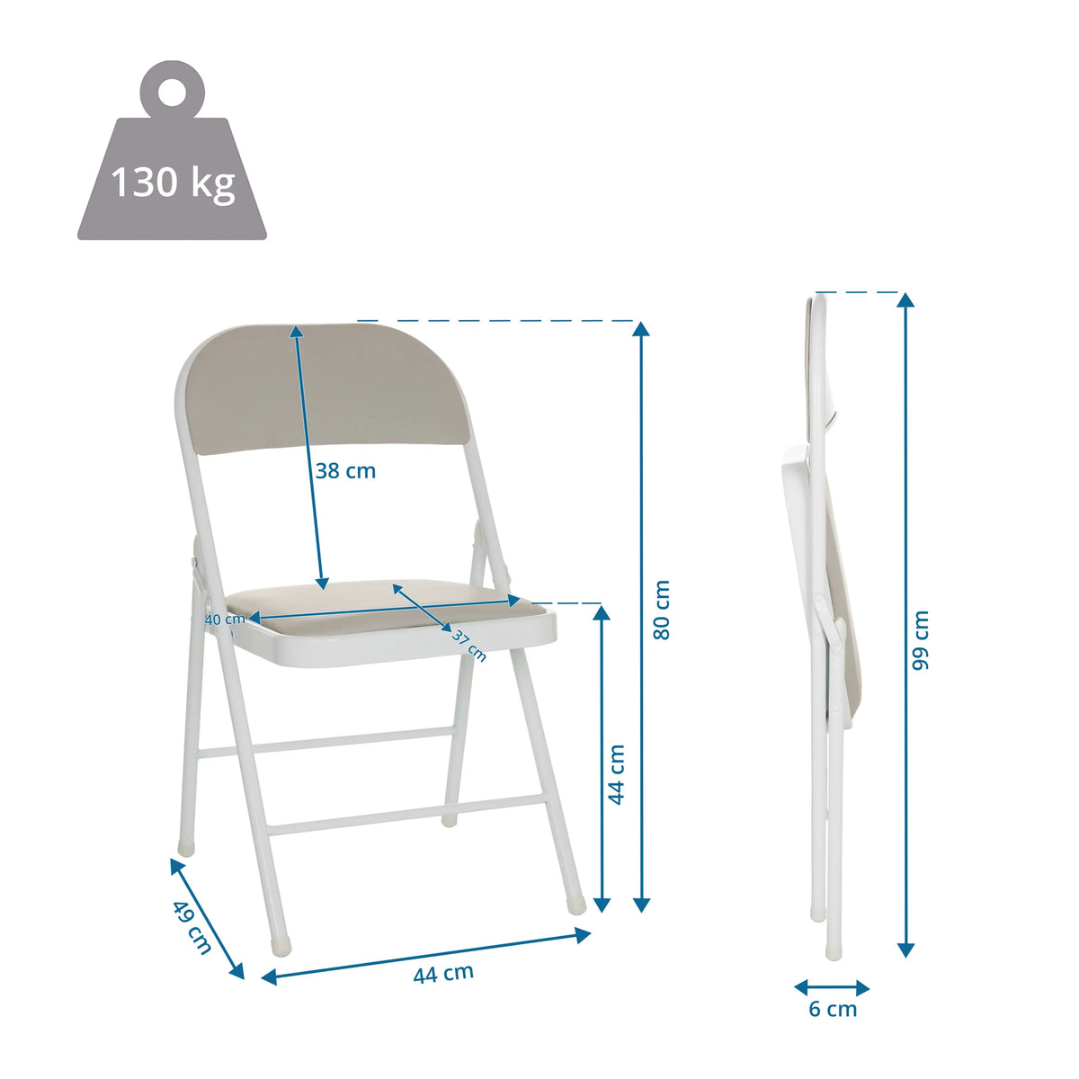 Dessin technique de la Chaise pliante TUDELA W avec une hauteur totale de 99 cm et une capacité de charge de 130 kg de hjh OFFICE