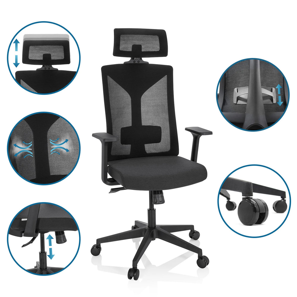 Siège de bureau de qualité professionnelle KODIAK noir avec appui-tête réglable, support lombaire et roulettes de hjh OFFICE