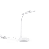 Lampe de bureau Lumanova D6 blanche avec pied rond, col flexible et tête plate de hjh OFFICE – vue à 360° (vue de trois quarts avant 30°)