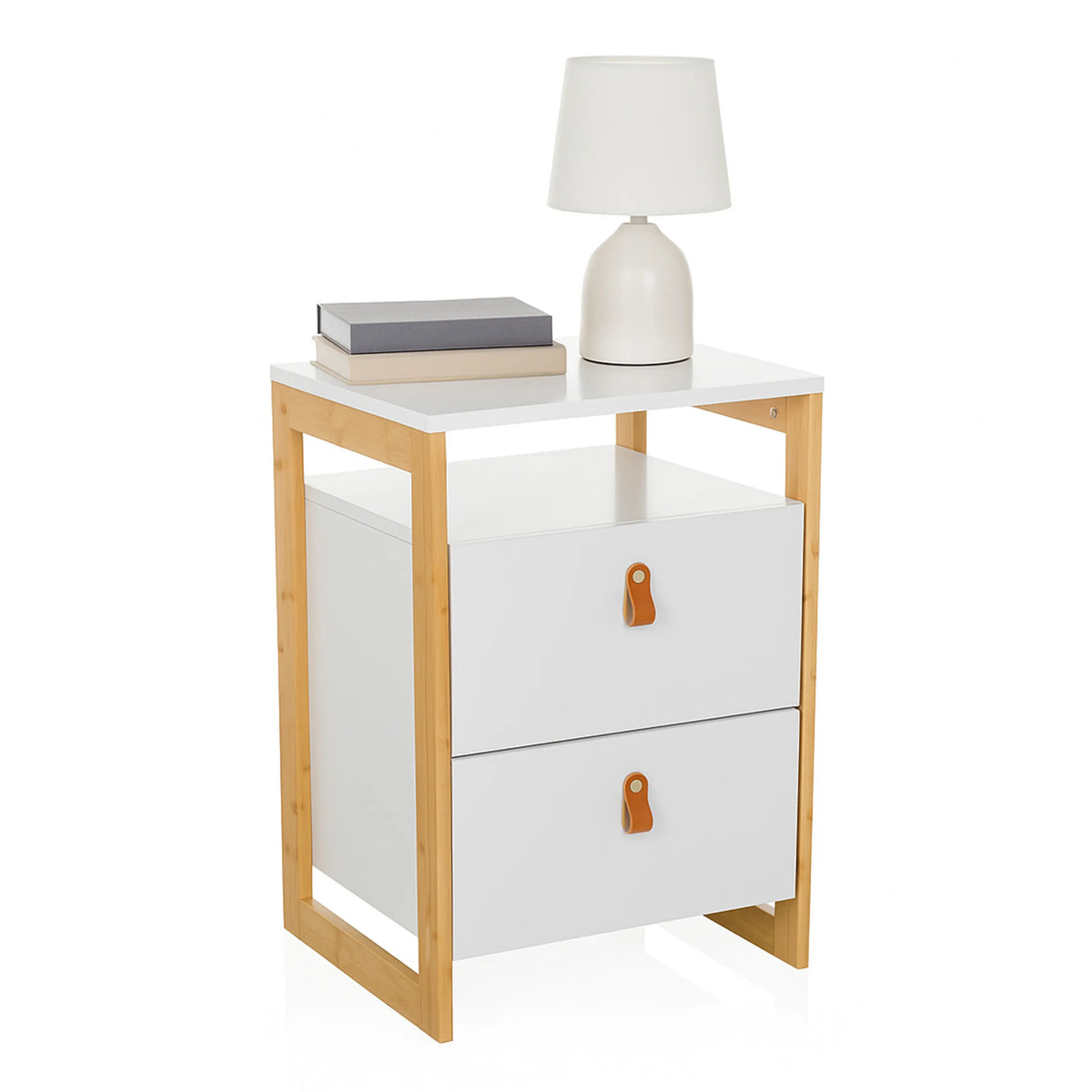 Table d'appoint TAROLO III en blanc avec deux tiroirs, des poignées en cuir et un piètement en bois clair de hjh LIVING