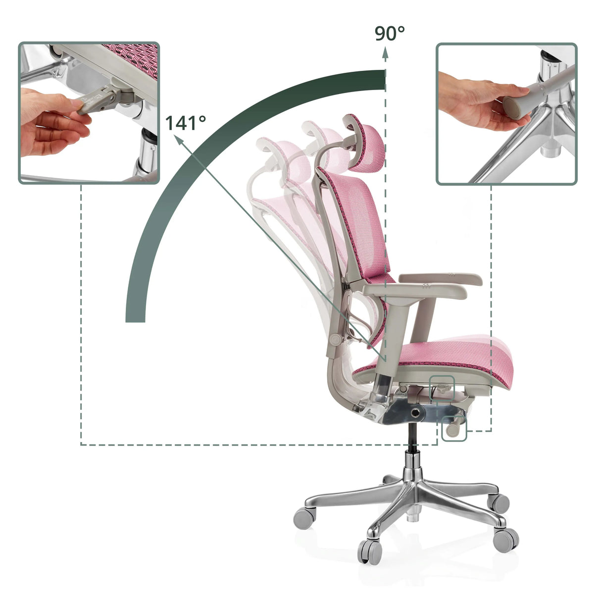 Angle d'inclinaison réglable de 90° à 141° du siège de direction de luxe ERGOHUMAN SLIM G GEN2 en rose de hjh OFFICE