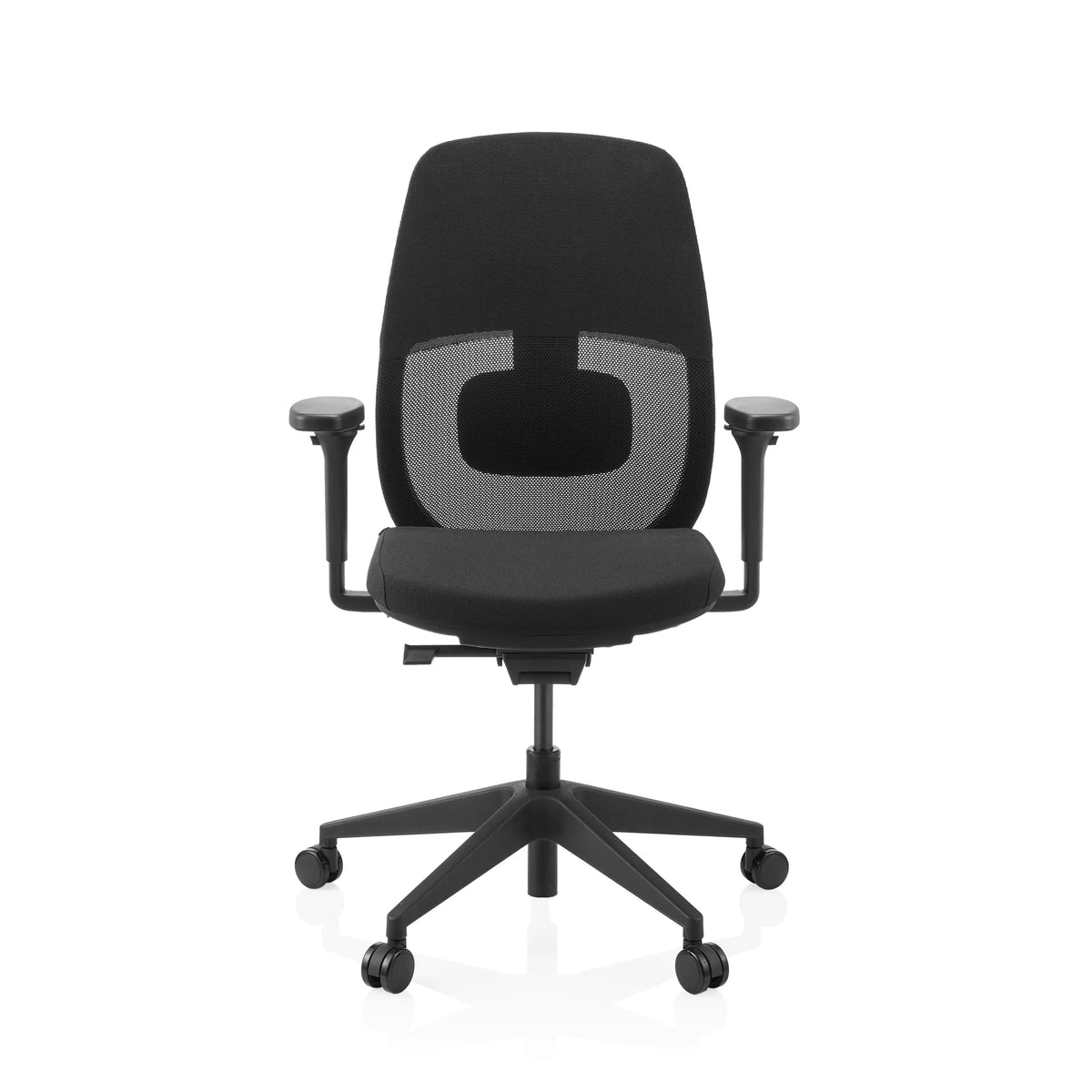 Siège de bureau de qualité professionnelle Skandis noir avec dossier en maille et base à cinq roulettes de hjh OFFICE – vue à 360° (vue de face 0°)